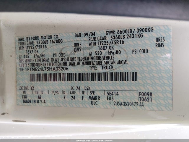 Продаж на аукціоні авто 2005 Ford E-250 Commercial/recreational, vin: 1FTNE24L75HA33206, номер лоту: 46051081