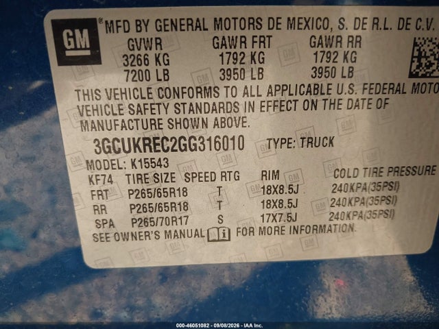 46051082 :رقم المزاد ، 3GCUKREC2GG316010 vin ، 2016 Chevrolet Silverado 1500 2lt مزاد بيع