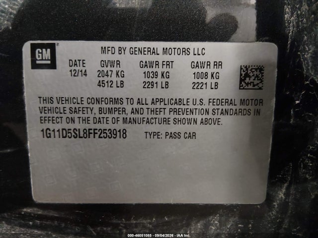 Продаж на аукціоні авто 2015 Chevrolet Malibu 2lt, vin: 1G11D5SL8FF253918, номер лоту: 46051085