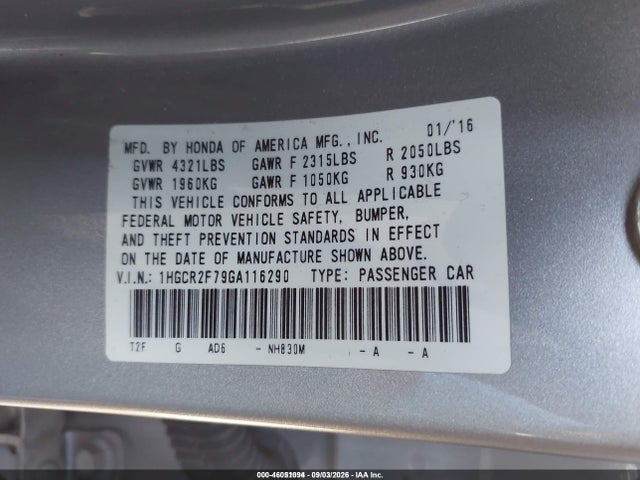 Aukcja sprzedaży 2016 Honda Accord Ex, vin: 1HGCR2F79GA116290, numer aukcji: 46051094