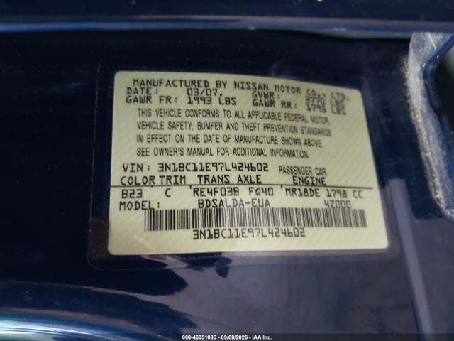 Продаж на аукціоні авто 2007 Nissan Versa 1.8s, vin: 3N1BC11E97L424602, номер лоту: 46051095