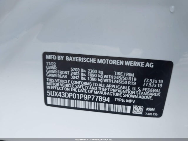 Aukcja sprzedaży 2023 Bmw X3 Sdrive30i, vin: 5UX43DP01P9P77894, numer aukcji: 46051097