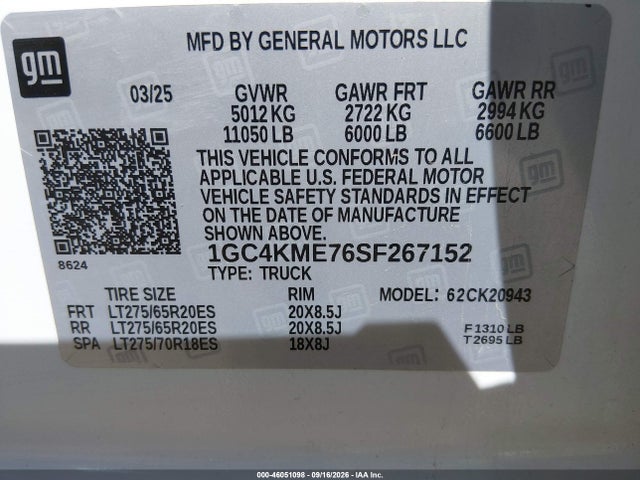46051098 :رقم المزاد ، 1GC4KME76SF267152 vin ، 2025 Chevrolet Silverado 2500hd Custom مزاد بيع