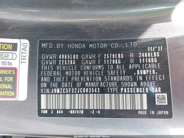 2018 Honda Clarity Plug-in Hybrid Touring მანქანა იყიდება აუქციონზე, vin: JHMZC5F32JC003543, აუქციონის ნომერი: 46051100