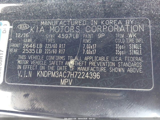 Продажа на аукционе авто 2017 Kia Sportage Lx, vin: KNDPM3AC7H7224396, номер лота: 46051109
