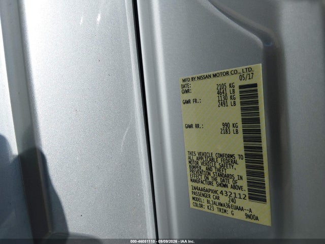 2017 Nissan Maxima 3.5 Platinum მანქანა იყიდება აუქციონზე, vin: 1N4AA6APXHC432112, აუქციონის ნომერი: 46051110