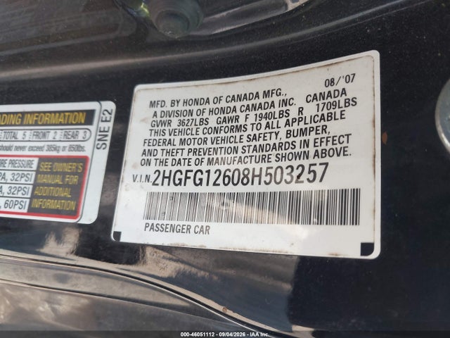 Aukcja sprzedaży 2008 Honda Civic Lx, vin: 2HGFG12608H503257, numer aukcji: 46051112