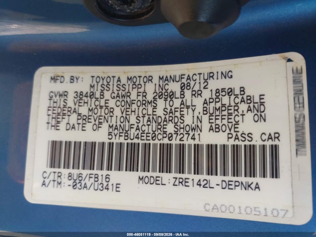 Aukcja sprzedaży 2012 Toyota Corolla Le, vin: 5YFBU4EE0CP072741, numer aukcji: 46051119