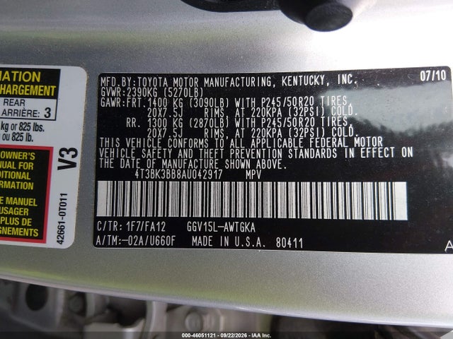 Продаж на аукціоні авто 2010 Toyota Venza Base V6, vin: 4T3BK3BB8AU042917, номер лоту: 46051121