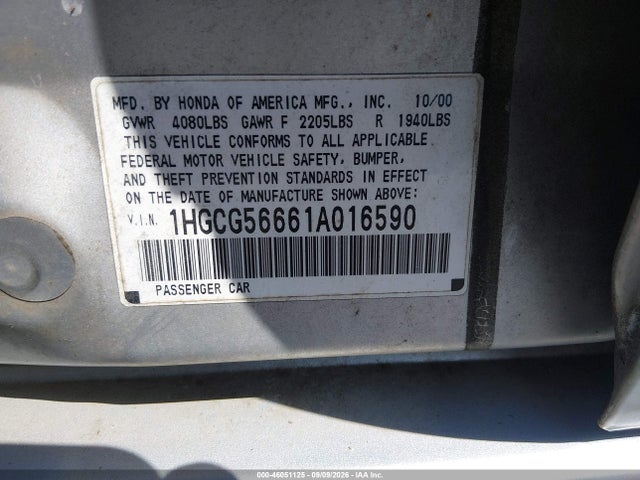 46051125 :رقم المزاد ، 1HGCG56661A016590 vin ، 2001 Honda Accord 2.3 Ex مزاد بيع