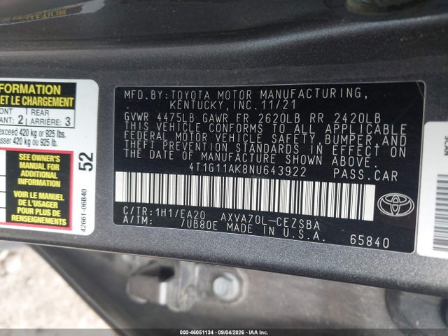 4T1G11AK8NU643922 Toyota CAMRY SE