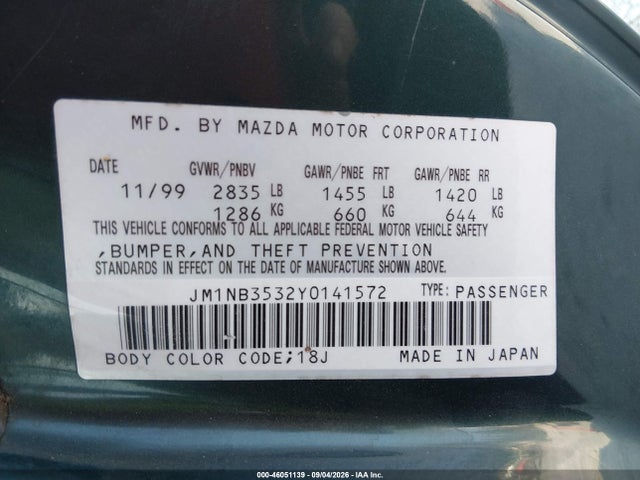46051139 :رقم المزاد ، JM1NB3532Y0141572 vin ، 2000 Mazda Mx-5 Miata Ls/special Edition مزاد بيع