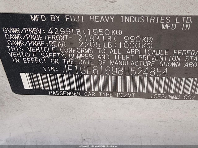 46051158 :رقم المزاد ، JF1GE61698H524854 vin ، 2008 Subaru Impreza 2.5i مزاد بيع