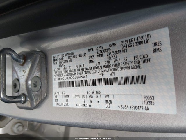 46051165 :رقم المزاد ، 1FMCU0J99GUB93441 vin ، 2016 Ford Escape Titanium مزاد بيع