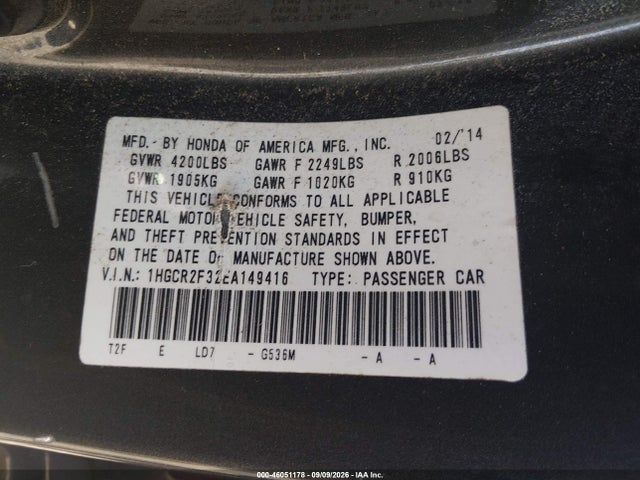 Продажа на аукционе авто 2014 Honda Accord Lx, vin: 1HGCR2F32EA149416, номер лота: 46051178