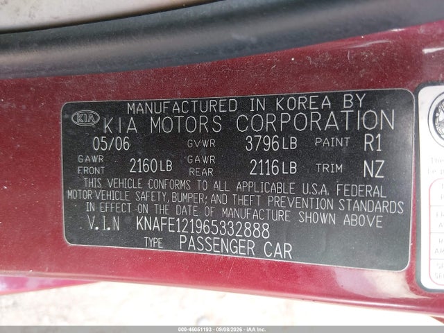 Aukcja sprzedaży 2006 Kia Spectra Ex/lx/sx, vin: KNAFE121965332888, numer aukcji: 46051193