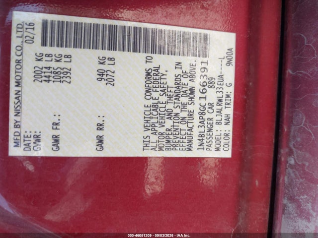 46051209 :رقم المزاد ، 1N4BL3AP8GC166391 vin ، 2016 Nissan Altima 3.5 Sl مزاد بيع