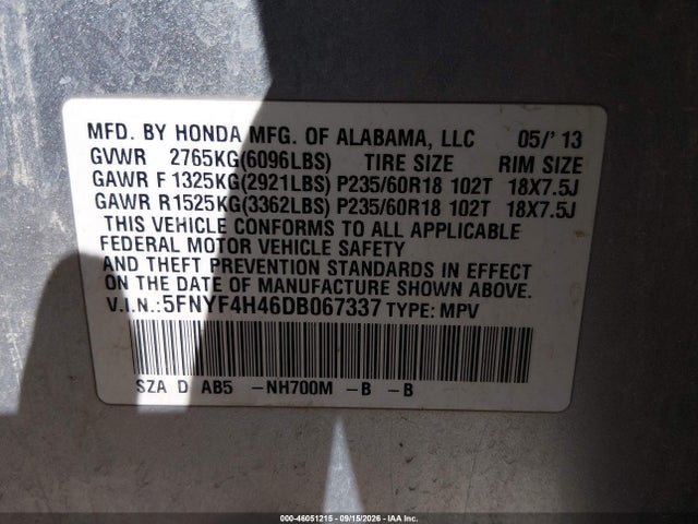 Продажа на аукционе авто 2013 Honda Pilot Ex, vin: 5FNYF4H46DB067337, номер лота: 46051215