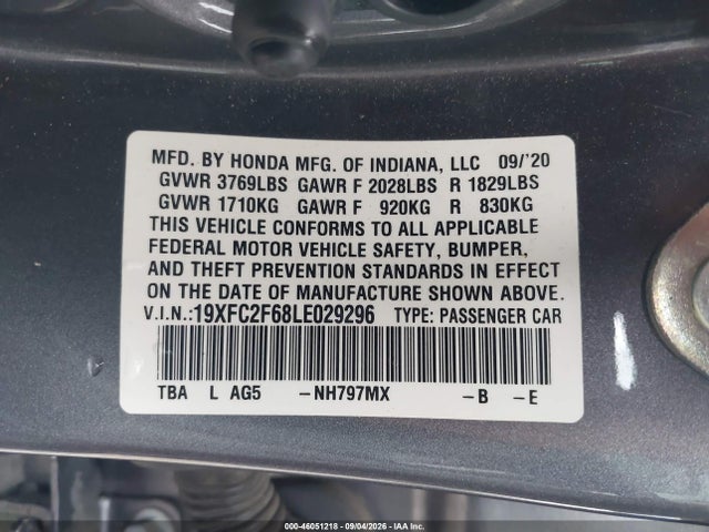 Aukcja sprzedaży 2020 Honda Civic Lx, vin: 19XFC2F68LE029296, numer aukcji: 46051218