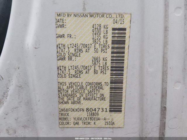 Aukcja sprzedaży 2015 Nissan Nv Cargo Nv2500 Hd S V6, vin: 1N6BF0KX0FN804731, numer aukcji: 46051224