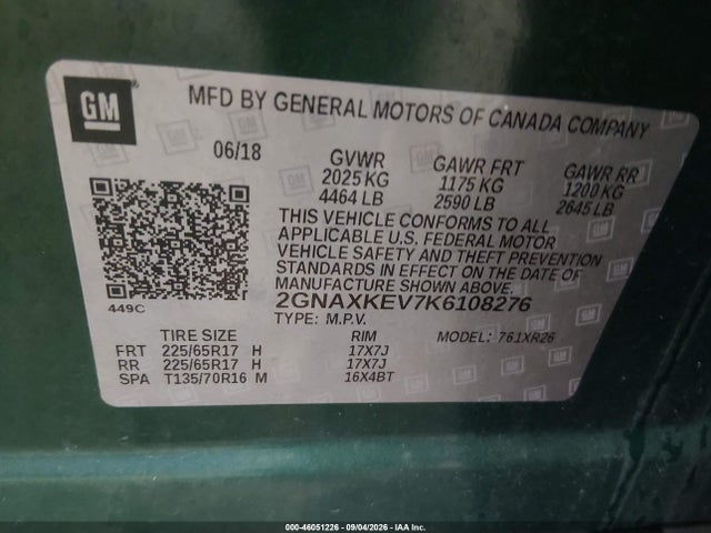 46051226 :رقم المزاد ، 2GNAXKEV7K6108276 vin ، 2019 Chevrolet Equinox Lt مزاد بيع