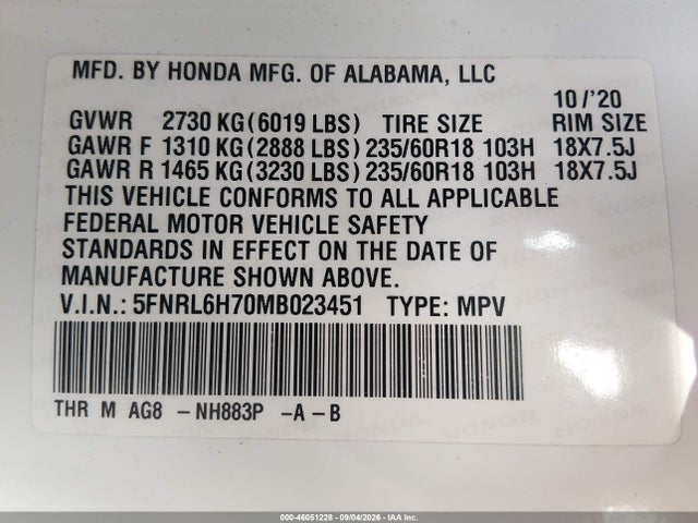 Aukcja sprzedaży 2021 Honda Odyssey Ex-l, vin: 5FNRL6H70MB023451, numer aukcji: 46051228