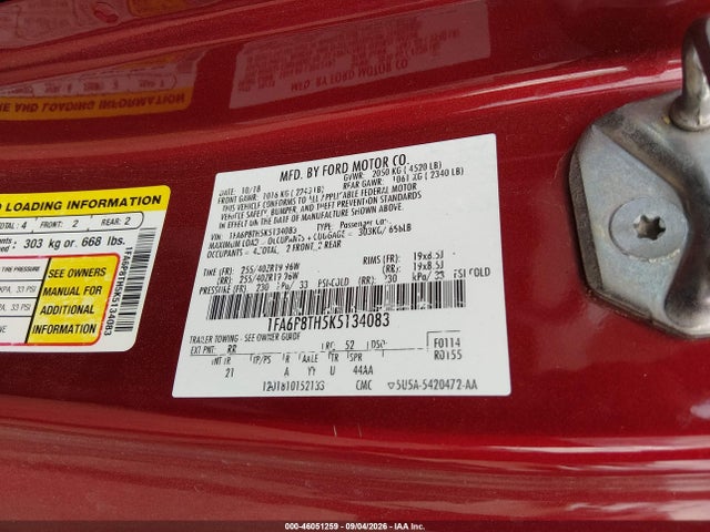 2019 Ford Mustang Ecoboost მანქანა იყიდება აუქციონზე, vin: 1FA6P8TH5K5134083, აუქციონის ნომერი: 46051259