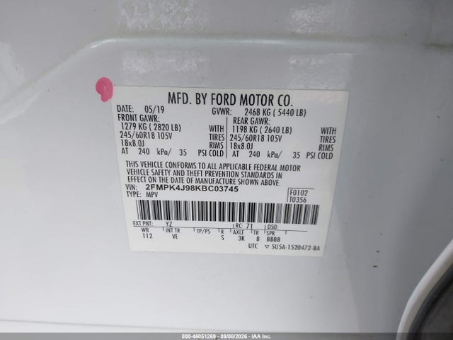 Продажа на аукционе авто 2019 Ford Edge Sel, vin: 2FMPK4J98KBC03745, номер лота: 46051269