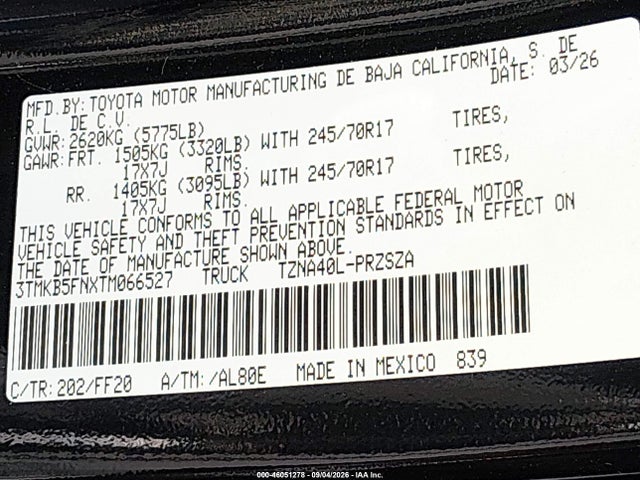 Продаж на аукціоні авто 2026 Toyota Tacoma Sr5, vin: 3TMKB5FNXTM066527, номер лоту: 46051278