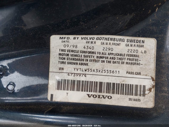 1999 Volvo V70 მანქანა იყიდება აუქციონზე, vin: YV1LW55A3X2555611, აუქციონის ნომერი: 46051286