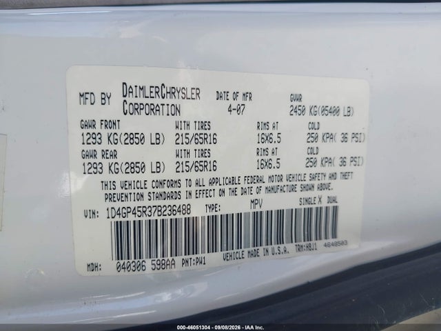 2007 Dodge Caravan Sxt მანქანა იყიდება აუქციონზე, vin: 1D4GP45R37B236488, აუქციონის ნომერი: 46051304