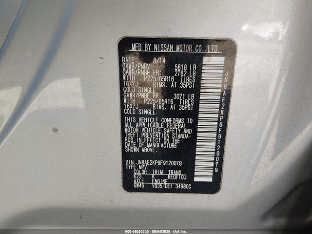 Aukcja sprzedaży 2015 Nissan Quest Sv, vin: JN8AE2KP6F9120079, numer aukcji: 46051305
