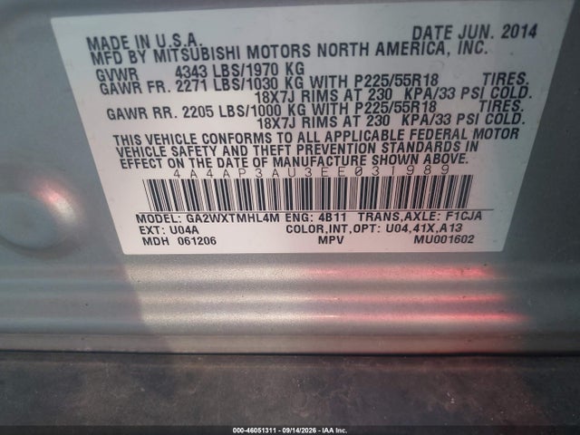 2014 Mitsubishi Outlander Sport Es მანქანა იყიდება აუქციონზე, vin: 4A4AP3AU3EE031989, აუქციონის ნომერი: 46051311