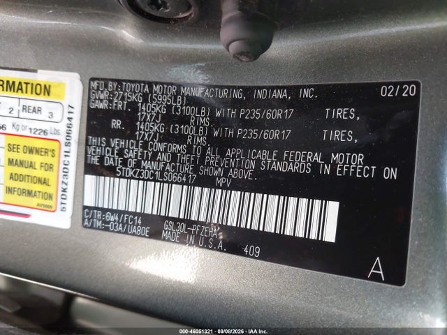 Aukcja sprzedaży 2020 Toyota Sienna Le, vin: 5TDKZ3DC1LS066417, numer aukcji: 46051321