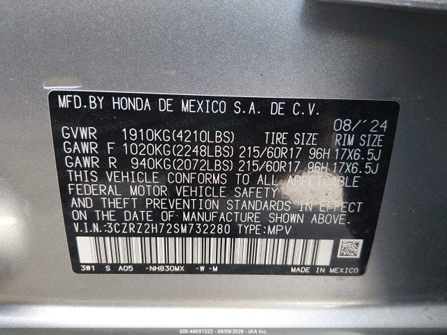 46051322 :رقم المزاد ، 3CZRZ2H72SM732280 vin ، 2025 Honda Hr-v Awd Ex-l مزاد بيع