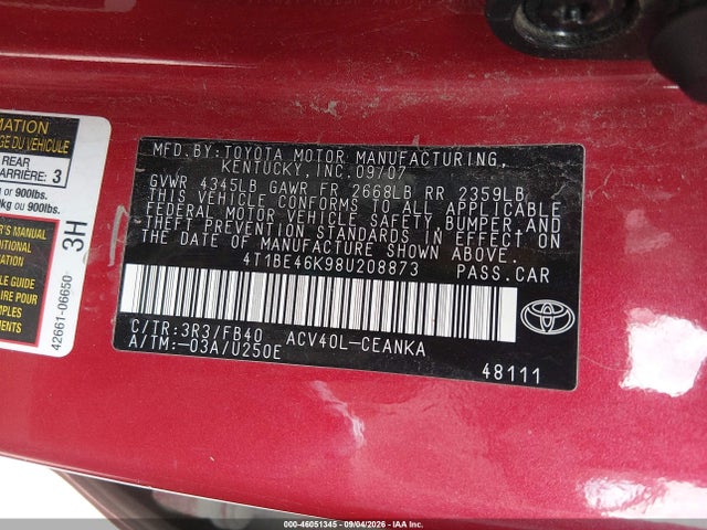 2008 Toyota Camry Le მანქანა იყიდება აუქციონზე, vin: 4T1BE46K98U208873, აუქციონის ნომერი: 46051345