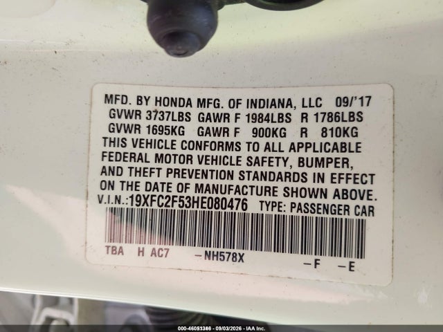Honda Civic Lx 2017 19XFC2F53HE080476 Image 9