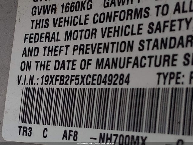 2012 Honda Civic Lx მანქანა იყიდება აუქციონზე, vin: 19XFB2F5XCE049284, აუქციონის ნომერი: 46051364