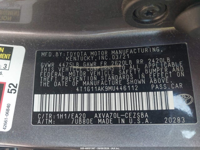 46051367 :رقم المزاد ، 4T1G11AK9MU446112 vin ، 2021 Toyota Camry Se مزاد بيع