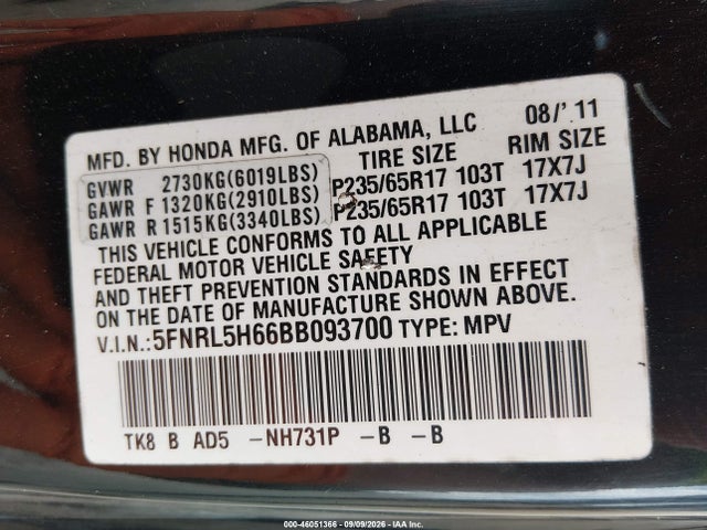 Aukcja sprzedaży 2011 Honda Odyssey Ex-l, vin: 5FNRL5H66BB093700, numer aukcji: 46051366