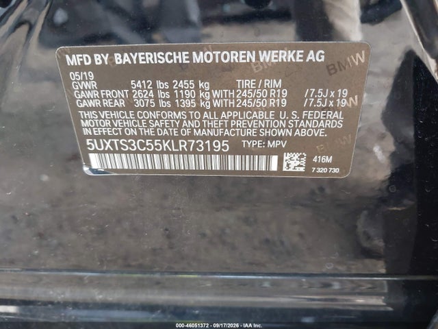 2019 Bmw X3 M40i მანქანა იყიდება აუქციონზე, vin: 5UXTS3C55KLR73195, აუქციონის ნომერი: 46051372