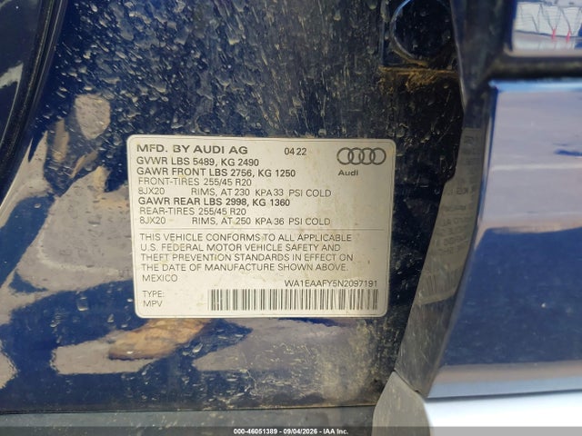 Продаж на аукціоні авто 2022 Audi Q5 Premium Plus 45 Tfsi S Line Quattro S Tronic, vin: WA1EAAFY5N2097191, номер лоту: 46051389