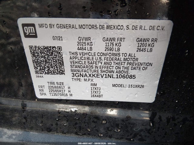 Aukcja sprzedaży 2022 Chevrolet Equinox Fwd Lt, vin: 3GNAXKEV1NL106085, numer aukcji: 46051407