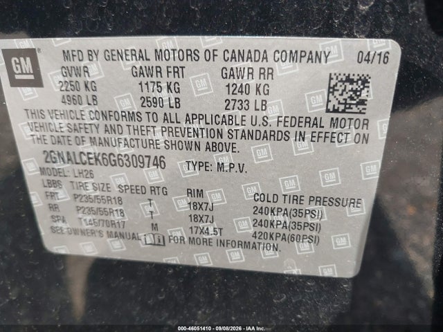 46051410 :رقم المزاد ، 2GNALCEK6G6309746 vin ، 2016 Chevrolet Equinox Lt مزاد بيع
