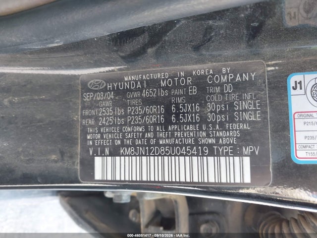 46051417 :رقم المزاد ، KM8JN12D85U045419 vin ، 2005 Hyundai Tucson Gls/lx مزاد بيع