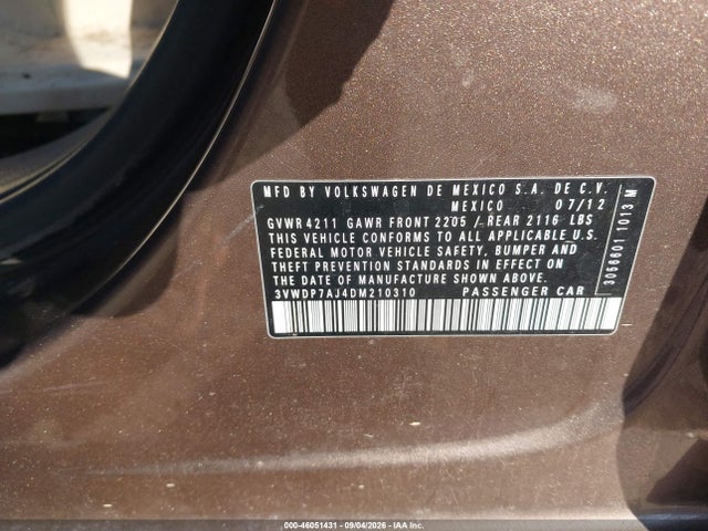 2013 Volkswagen Jetta 2.5l Se მანქანა იყიდება აუქციონზე, vin: 3VWDP7AJ4DM210310, აუქციონის ნომერი: 46051431