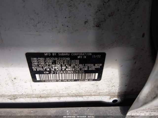2022 Subaru Wrx Gt მანქანა იყიდება აუქციონზე, vin: JF1VBAU69N8028365, აუქციონის ნომერი: 46051435