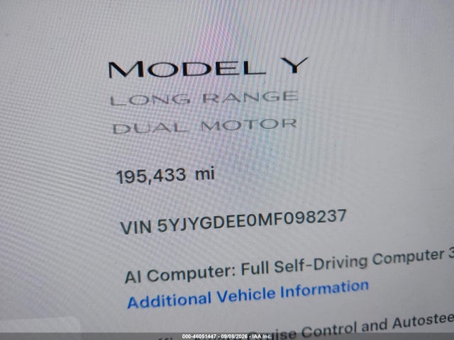 Продаж на аукціоні авто 2021 Tesla Model Y Long Range Dual Motor All-wheel Drive, vin: 5YJYGDEE0MF098237, номер лоту: 46051447
