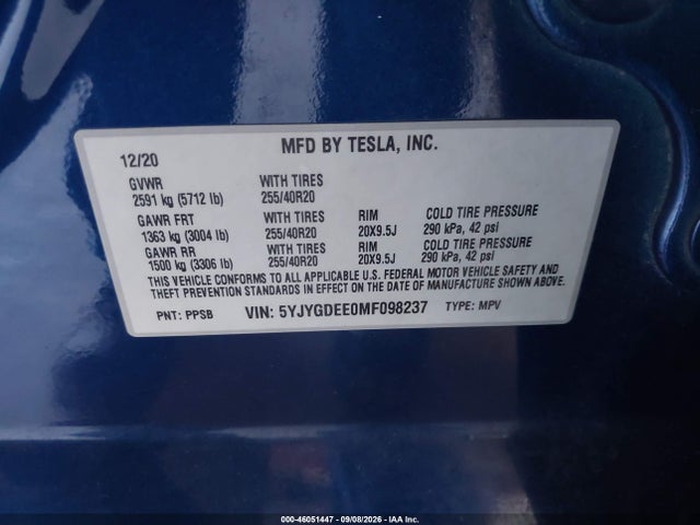 Продаж на аукціоні авто 2021 Tesla Model Y Long Range Dual Motor All-wheel Drive, vin: 5YJYGDEE0MF098237, номер лоту: 46051447