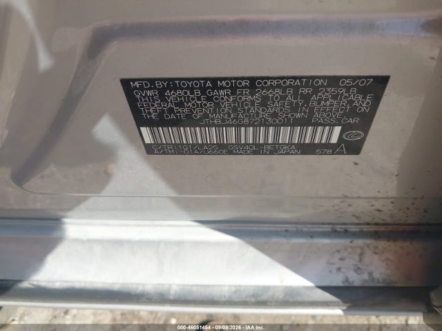 Продажа на аукционе авто 2007 Lexus Es 350, vin: JTHBJ46G872130011, номер лота: 46051454